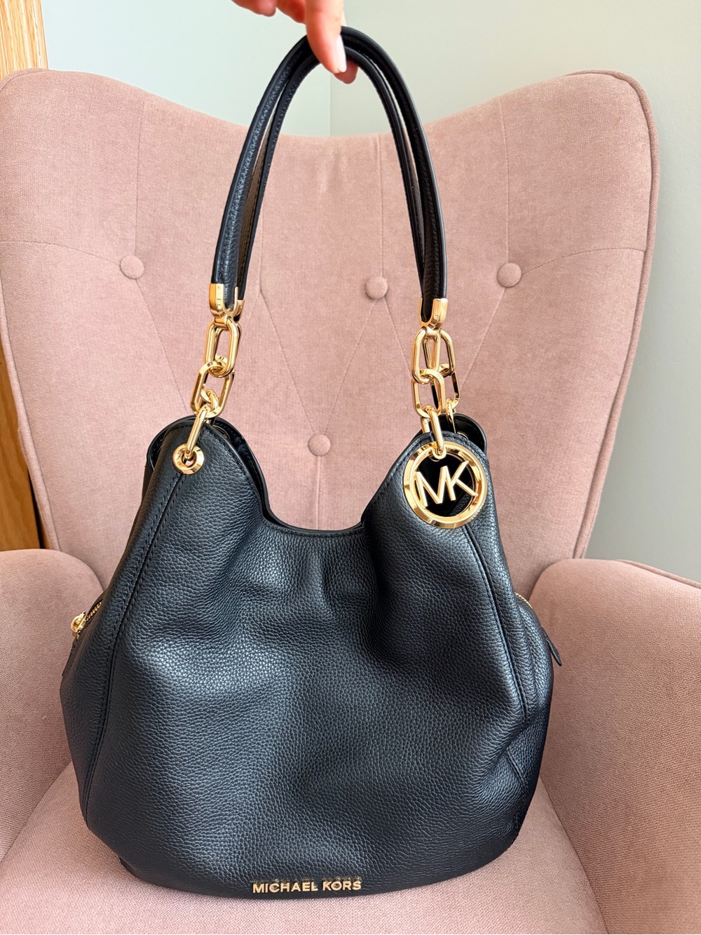 Michael Kors Black Pebbled Leather Shoulder Bag with Gold Hardware (Fulton Hobo)